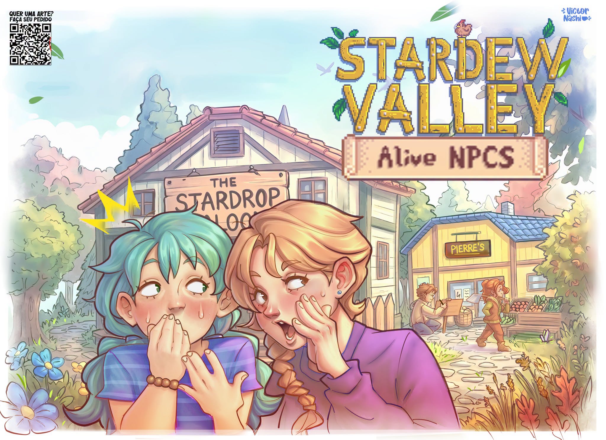 Cena de uma fazenda do tipo Stardew Valley ao entardecer.